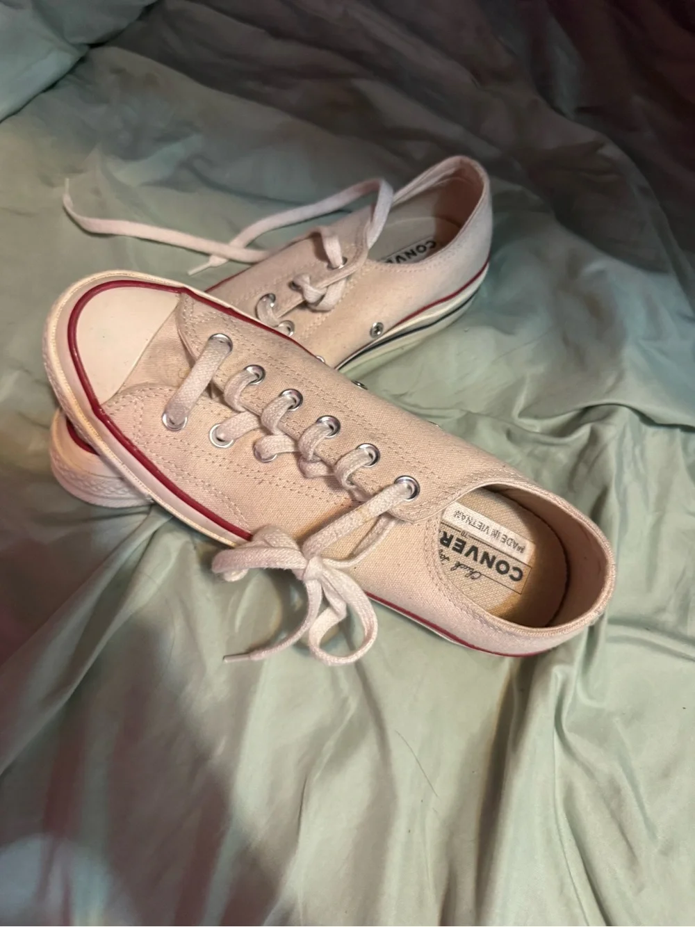 Converse Low Top Canvas Sneakers in Pale Pink with Red Trim